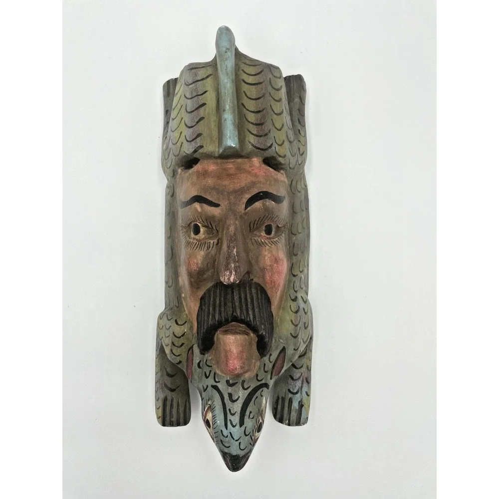 Vintage Mexican Folk Art  Hand Carved Mask‎ Rabbit Animal Man 12